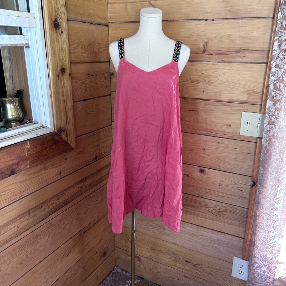 Linen Shift Mini Dress Womens Large Pink Coral Boho Embroidered Cynthia Rowley